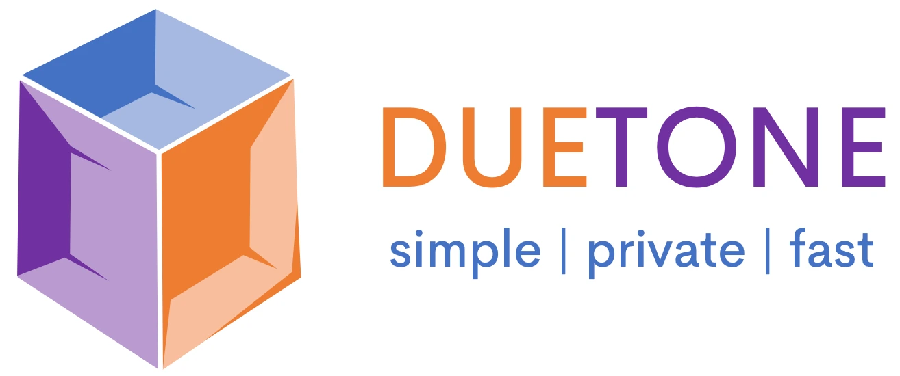 The Duetone logo: a purple, blue and orange cube beside the word DUETONE and the motto simple, private, fast.