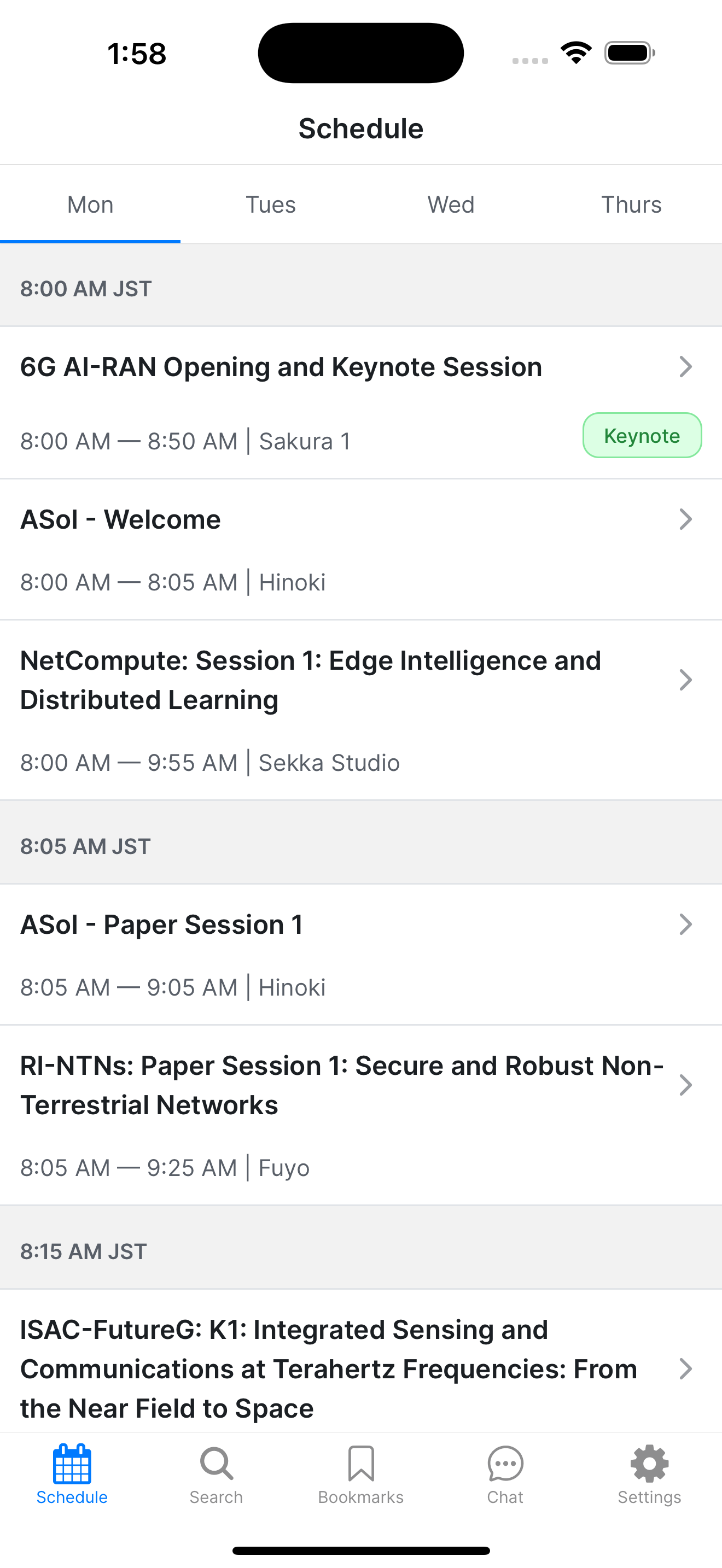 The Schedule tab of the IEEE INFOCOM app, listing a day’s sessions with their times and rooms.
